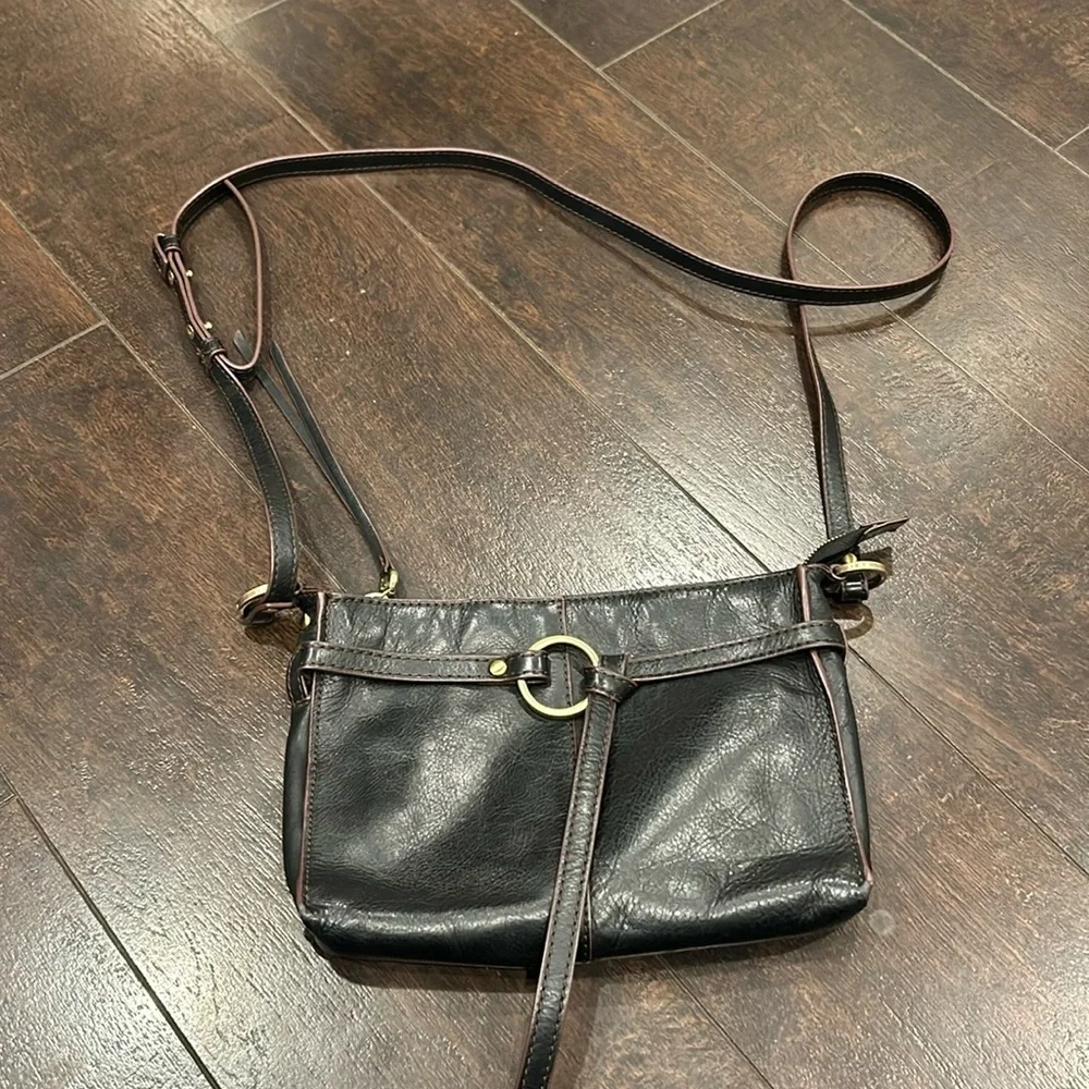 Hobo crossbody bag Black Brown Zipper Brass Ring
